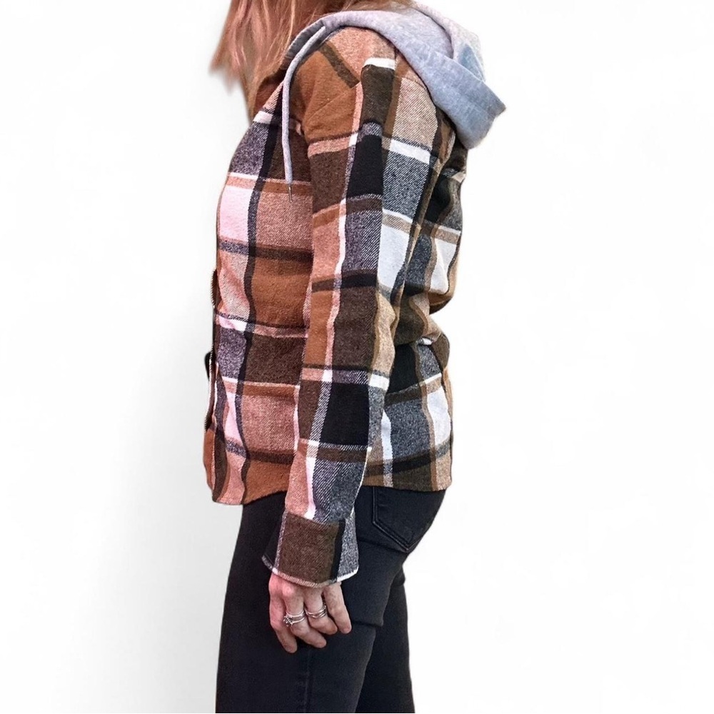 Women’s Black and Brown Plaid Flannel Hoodie shacket size Large - Picture 2 of 6